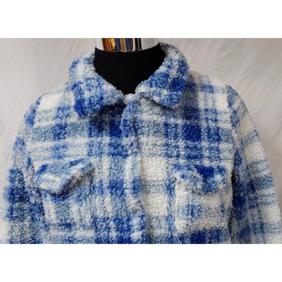 Blair Womens Medium Blue White Plaid Sherpa Snap Front Fuzzy Jacket - Picture 3 of 10